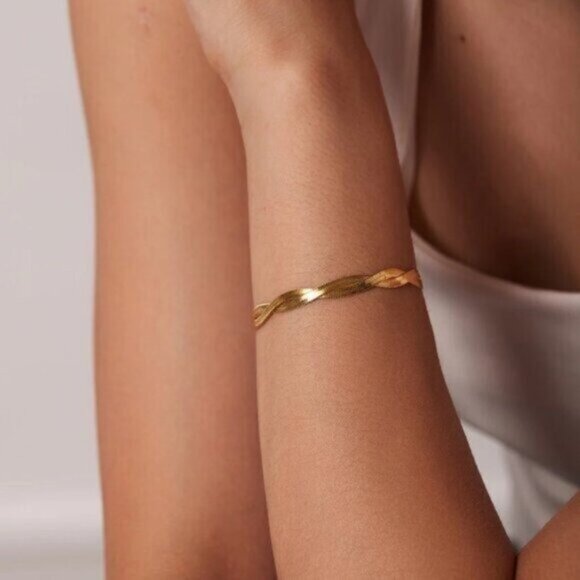 Gold Bracelet Waterproof Braided Herringbone Chain Gold Summer Jewelry PRETTY - Picture 4 of 9